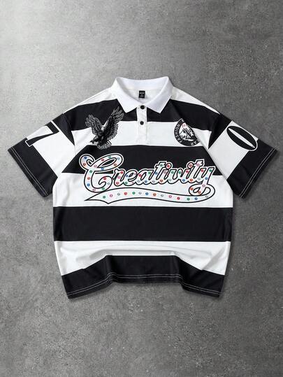 ROMWE MEN Street Life 男士街头风印花Polo衫，适合日常穿着，春夏款