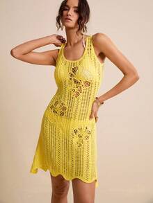 LOTSLUV Women's Yellow Round Neck Sleeveless Crochet Slip Dress, Spring/Summer - Yellow - View 4