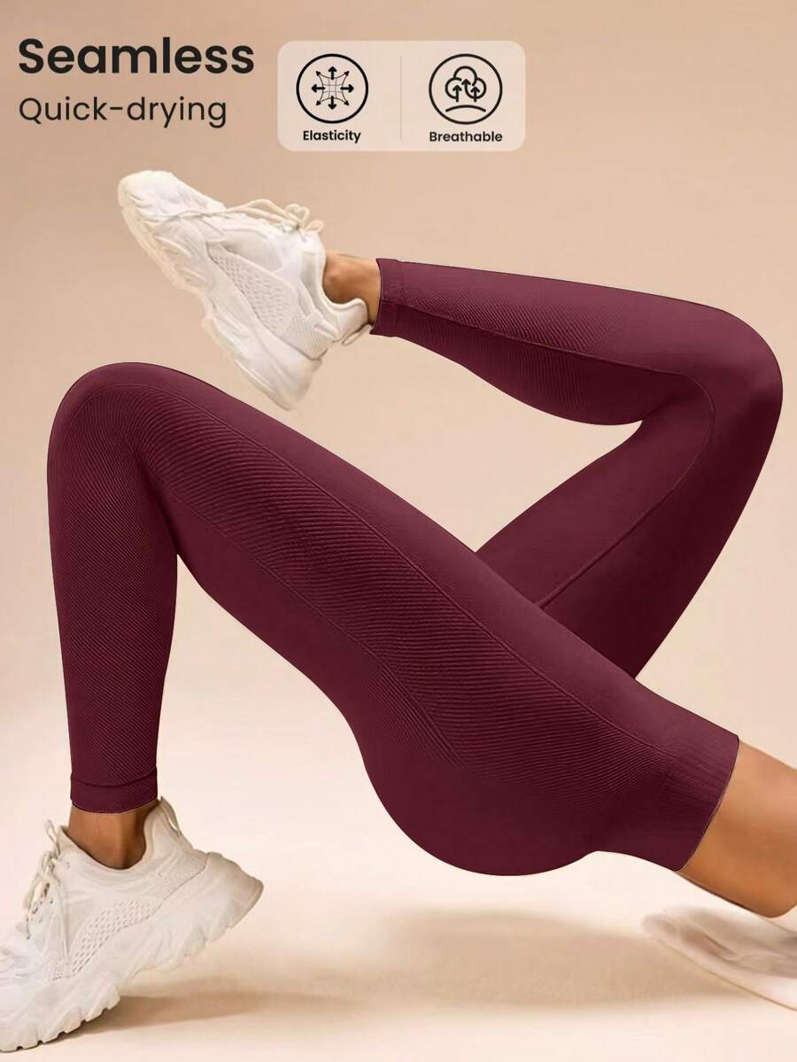 Easithlete Leggings esportivas casuais versáteis de cintura alta e cor sólida para mulheres. - Borgonha - Ver 1