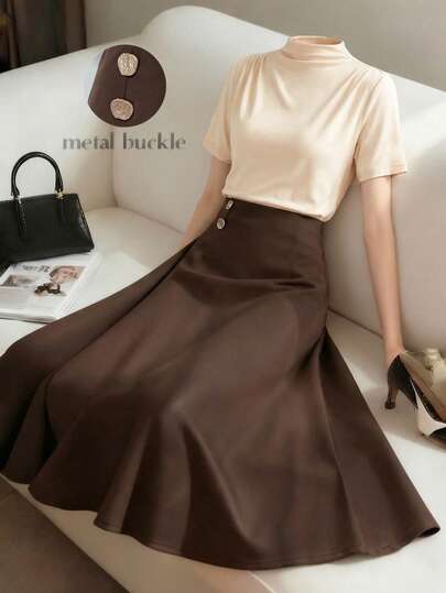 Franclia 时尚高领短袖褶皱腰部T恤+时尚装饰纽扣高腰A字裙女士两件套，春夏款