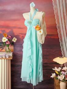 Femesol Romantic Elegant Vacation Outfit Ruffle Halter Faux 3D Flower Dress For Women, Spring/Summer - Baby Blue - View 3