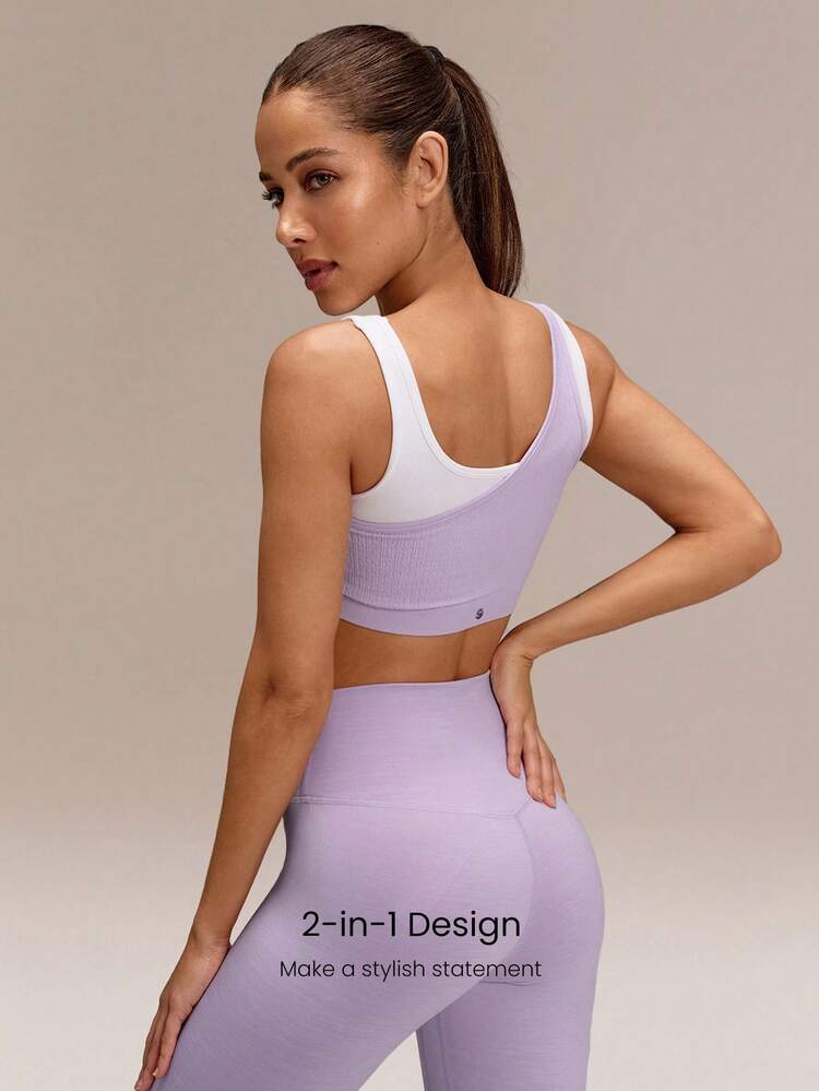 Ultrafine Soft Seamless Chase Your Glow Mock 2-Piece Style Removable Cups Sports Bra Medium Impact Training Running Gym Workout Daily Active Wear
