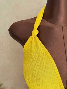 Sunspun Sexy Deep V Neck Backless Layered Ruffle Hem Jumpsuit, Yellow Jumpsuit, Elegant Party Jumpsuit, Summer Jumpsuit, Summer Holiday Outfit, Women's Beach Wear, Vacation Jumpsuit, Women's Casual Jumpsuit, Body-Con Tight Jumpsuit - Yellow - View 4