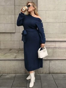 Juhart 大码女式纯色针织不对称肩部连衣裙，袖口下摆有金属饰边，优雅休闲毛衣裙，适合圣诞节、万圣节、返校季、秋冬季 - 藏蓝色 - 查看 4