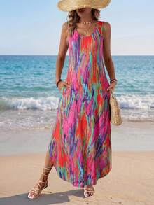 Sylviya 夏季女士V领不对称下摆侧开衩印花休闲度假无袖连衣裙，带口袋，适合节日、7月4日庆祝活动、秋季、夏季、中长款等场合，女士夏季连衣裙，度假必备 - 彩色 - 查看 5