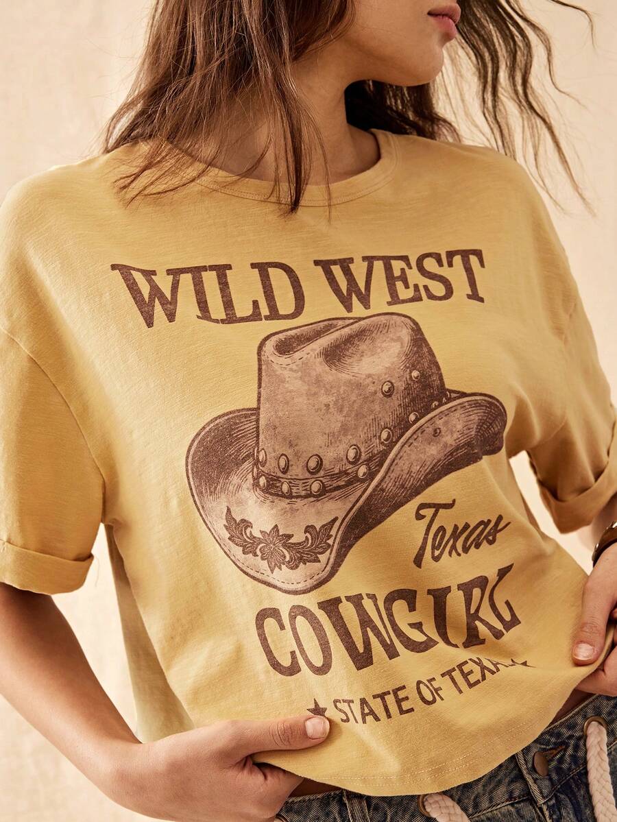 Easelle Áo thun nữ dáng rộng cổ tròn họa tiết mũ cao bồi miền Tây phong cách lễ hội âm nhạc Bohemian - Màu vàng - Xem 1