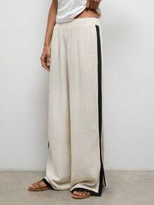 Maija 卡其色女士宽松长裤，黑色滚边，适合度假穿着 - 黑與白 - 查看 5