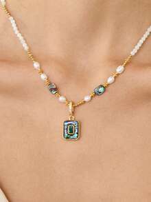 MOTF PREMIUM 欧美时尚淡水珍珠方形项链，鲍鱼贝壳吊坠，锁骨轻奢，小众高端项链，女士珍珠项链。 - 彩色 - 查看 3