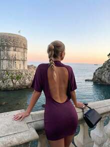 Aloruh Purple Elegant Knit Backless Mini Dress, Loose Top & Tight Bottom For Women - Purple - View 10