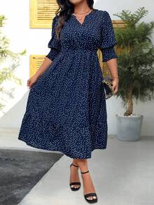 EMERY ROSE 大码女式波点印花短袖连衣裙长款套装 - 藍色 - 查看 5