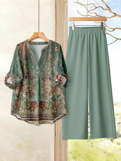 Rusticease Women's Vintage Romantic Elegant Floral & Leaf Print 2-Piece Set, Regular Sleeve Top Paired With Comfortable Pants, Casual Versatile Outfit