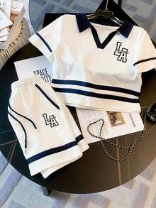 Franclia 修身 Polo 领插肩短袖上衣 + 休闲短裤套装 - 白色 - 查看 4