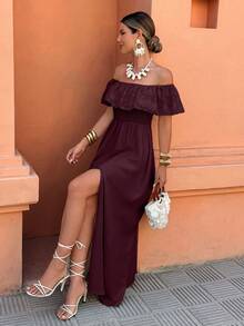 Selianne Women's Off-Shoulder Ruffle Patchwork Vacation/Casual Dress, Spring/Summer - Burgundy - View 5