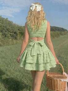 SHEIN MOD Green Round Neck Backless Bow Tie Strap Double Layer Hem Mini Dress - Green - View 5