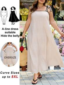 SHEIN CURVE+ Đầm nữ dáng ôm US22, thích hợp cho lễ hội âm nhạc, kỳ nghỉ biển, phong cách Bohemia, kiểu dáng thường ngày, dây đeo mảnh, phối viền tương phản, thích hợp đi biển. - Màu be - Xem 6