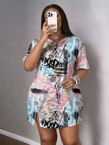 Slaydiva 大码女式字母印花圆领短袖休闲连衣裙 - 彩色 - 查看 6