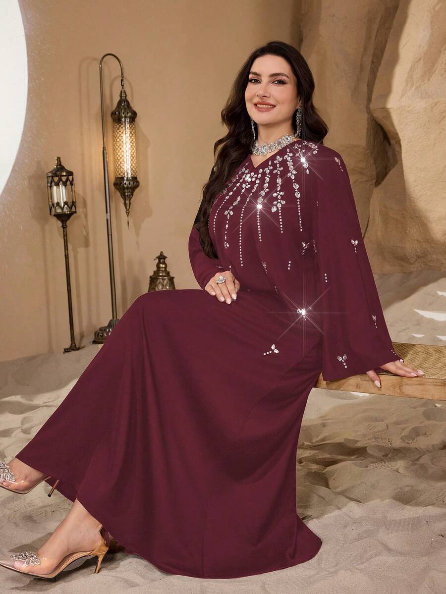 Al Najma Elegant Loose Fit Rhinestone Embellished V-Neck Long Sleeve Dress, Comfortable Shiny Fabric, Suitable For Formal Occasions, Plus Size