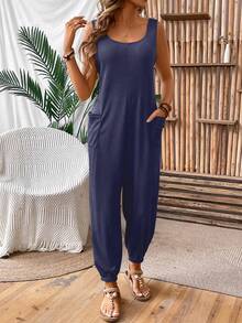 EMERY ROSE Solid Color Scoop Neck Sleeveless Casual Jumpsuit For Summer - Navy Blue - View 6