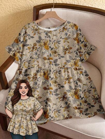 Rusticease Plus Size Women Round Neck Ruffle Trim Short Sleeve Blouse, Summer