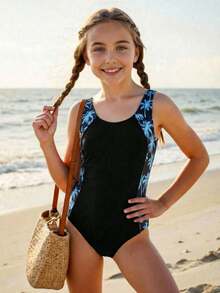 SHEIN Tween Girl Tropical Print Patchwork One-Piece Swimsuit - Multicolor - View 2