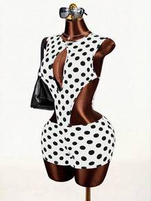 Mistrie Bộ jumpsuit chấm bi gợi cảm khoét eo dành cho nữ, jumpsuit chấm bi, đồ bơi chấm bi, jumpsuit nữ, bộ đồ liền thân nữ. - trắng - Xem 5