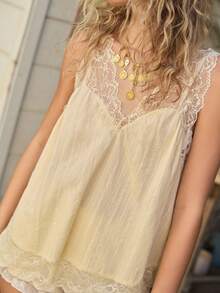 Freevana Women's Pale Yellow Summer Elegant Tea Party Boho Deep V-Neck Lace Trim Cotton Textured Loose Cami Top Sleeveless Babydoll Vintage Blouse - Pale Yellow - View 6