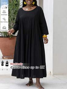 SHEIN CURVE+ Curve 尺码 US22 音乐节、海滨度假、波西米亚风女士黑色纯棉超宽松长裙 - 黑色 - 查看 2