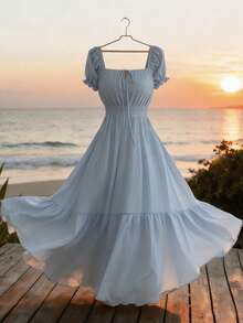 Selianne 春夏新款法式束腰优雅方领系带设计浅蓝色泡泡袖荷叶边下摆条纹休闲/度假舒适连衣裙 - 霧霾藍 - 查看 7