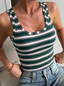 DAZY Camiseta de tirantes de mujer con cuello cuadrado y rayas de colores, para el verano - Verde - Ver 5