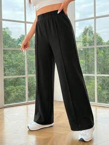 SHEIN EZwear 大码女式金属双扣直筒休闲办公裤，秋冬款 - 黑色 - 查看 3