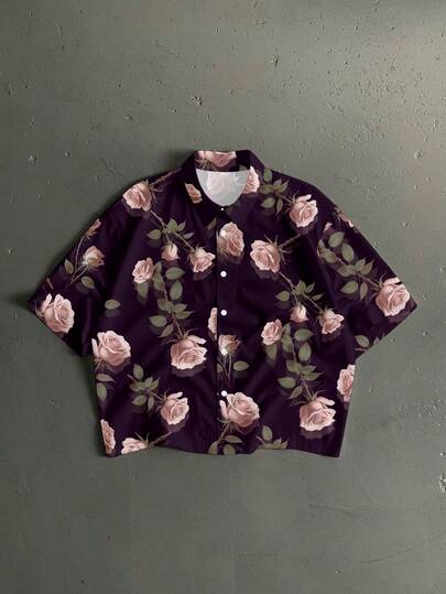 StoneGrade Purple Floral Print Men's Standard Fit Cropped Loose Short Sleeve Shirt, Essential For Dates And Gatherings, Fashionable Couple Gift For Boyfriend