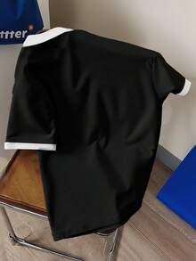 Manfinity Joysei Classic Versatile White Crew Neck T-Shirt With Black Collar, Minimalist Fashion Casual Horse Logo Design - Multicolor - View 2