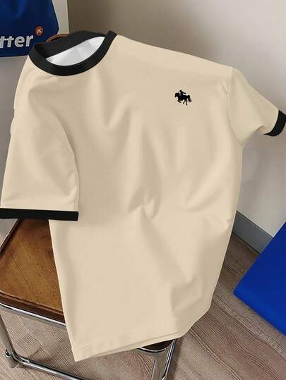 Manfinity Joysei Klassisches vielseitiges weißes Rundhals-T-Shirt mit schwarzem Kragen, minimalistisches Mode-Lässig-Design mit Pferde-Logo