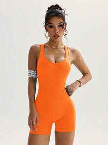 Slayform Women's Solid Color Criss-Cross Backless Jumpsuit, Summer - Red Orange - View 7