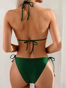 Oceva 女士纯色挂脖系带连体泳衣，适合海滩度假、泳池派对、沙滩派对 - 墨綠色 - 查看 2