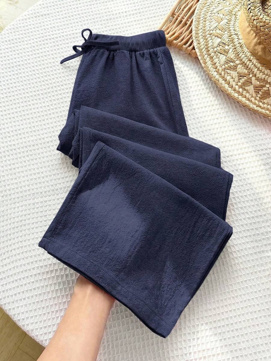 SHEIN Tween Girls' Casual Minimalist Comfortable Mid-Rise Straight Leg Pants - Navy Blue - View 1