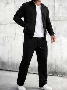 EGENSIO 男士休闲拉链棒球夹克和抽绳长裤套装，时尚日常通勤，春秋季 - 黑色 - 查看 1
