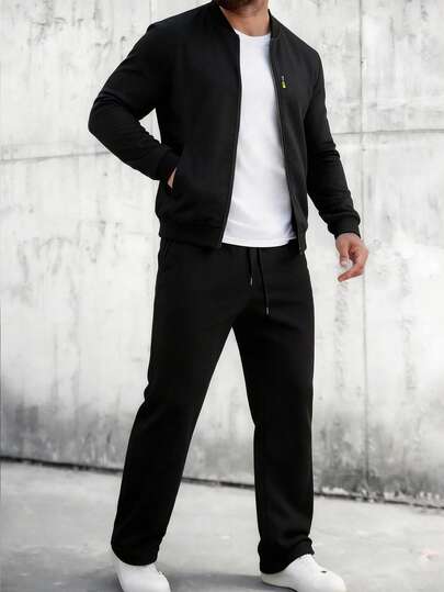 EGENSIO 男士休闲拉链棒球夹克和抽绳长裤套装，时尚日常通勤，春秋季