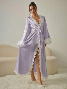 HautHeat Women's Elegant Contrast Lace Faux Feather Decorated Robe - Mauve Purple - View 4