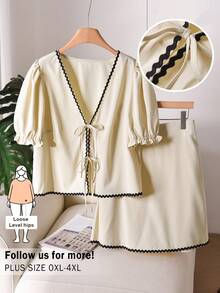 CosyJoli 大码撞色滚边V领系带短袖上衣和短裤休闲两件套 - 杏色 - 查看 3