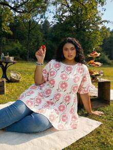 SHEIN CURVE+ Curve 尺码 US22 音乐节、海滨度假、波西米亚风女士夏季休闲度假褶皱碎花灯笼袖复古衬衫 波西米亚度假 - 彩色 - 查看 6
