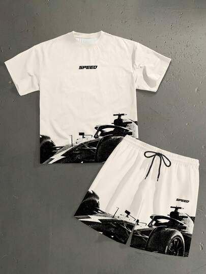 StoneGrade F1 Racing Car Silhouette Print Casual Loose Fit Short Sleeve T-Shirt And Shorts Set, Fashionable Outfit For Dates, Parties, Gift For Boyfriend