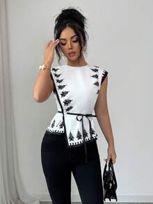 SHEIN Elenzya Elegant Commuter Casual Daily Fitted Dual-Color Placement Print Bowknot Strap Asymmetrical Women Blouse - White - View 7