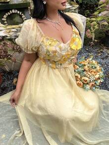 Lyrianda Plus Size Women's Elegant French Style Solid Color Mesh Patchwork Jacquard Flared Dress - Yellow - View 3