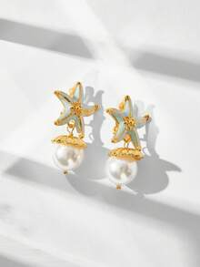 Maija A Pair Of Stylish And Elegant Starfish Pearl Pendant Women's Holiday Gift Decorative Earrings - Gold + Blue - View 1