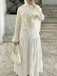 Solavon Women's Minimalist Elegant Textured Ruffle Front Tie Blouse Tea Party Cream White Autumn - Apricot - View 6