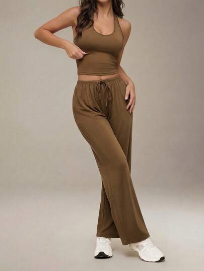 Anewsta Women's Solid Color Halter Neck Tank Top, Round Neck Long Sleeve Top, And Drawstring Waist Wide Leg Pants Casual Sports Suit