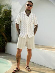 Manfinity CasualCool Men's Khaki Knit Checkered Hollow Out Short Sleeve Shirt - Khaki - View 5