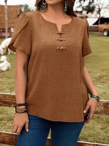 EMERY ROSE Plus Size Solid Color Petal Sleeve Button-Up Shirt, Summer - Rust Brown - View 5
