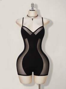 SHEIN ICON Bộ jumpsuit hai dây gợi cảm phối lưới chắp vá - màu đen - Xem 1
